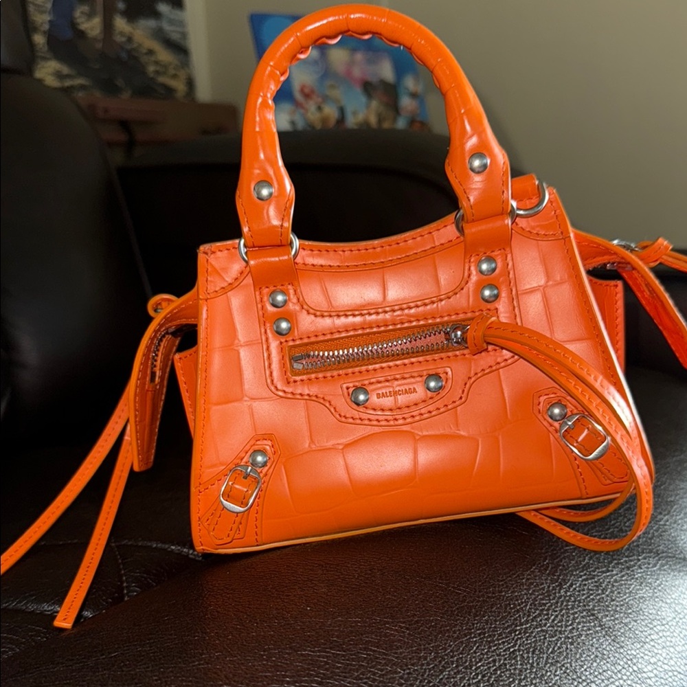 Balenciaga Orange croc embossed calfskin neo purse